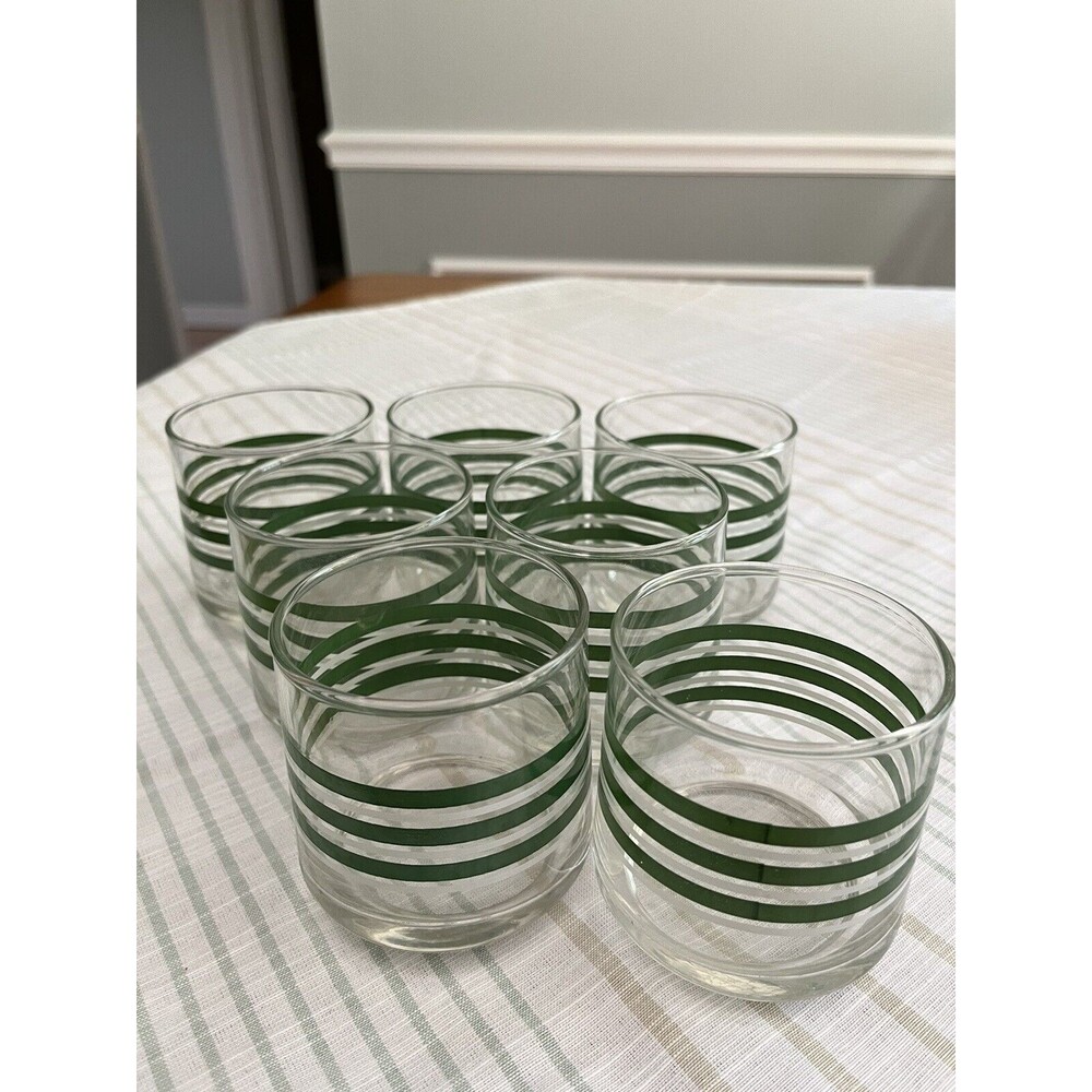 Set of 7 - Vintage 1970’s Green & White Striped 3” Rock Juice Glasses - Picture 4 of 9